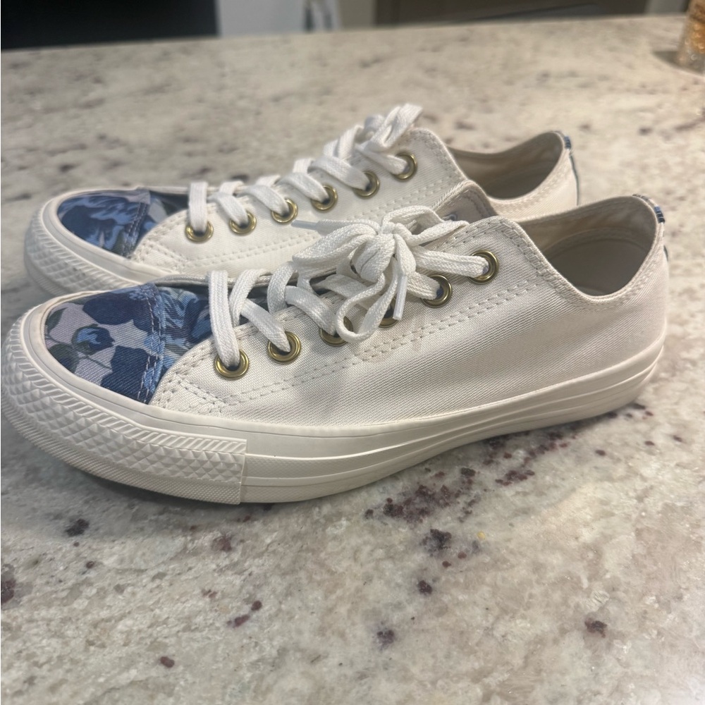 Converse White Sneakers with Blue Floral Accents